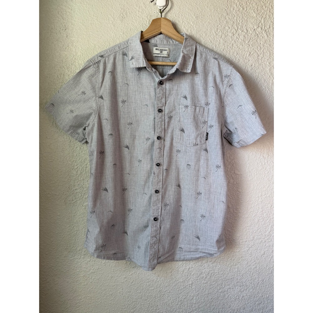 Billabong Mens Gray Palm Tree Print Short Sleeve Cotton‎ Blend Button Down Shirt